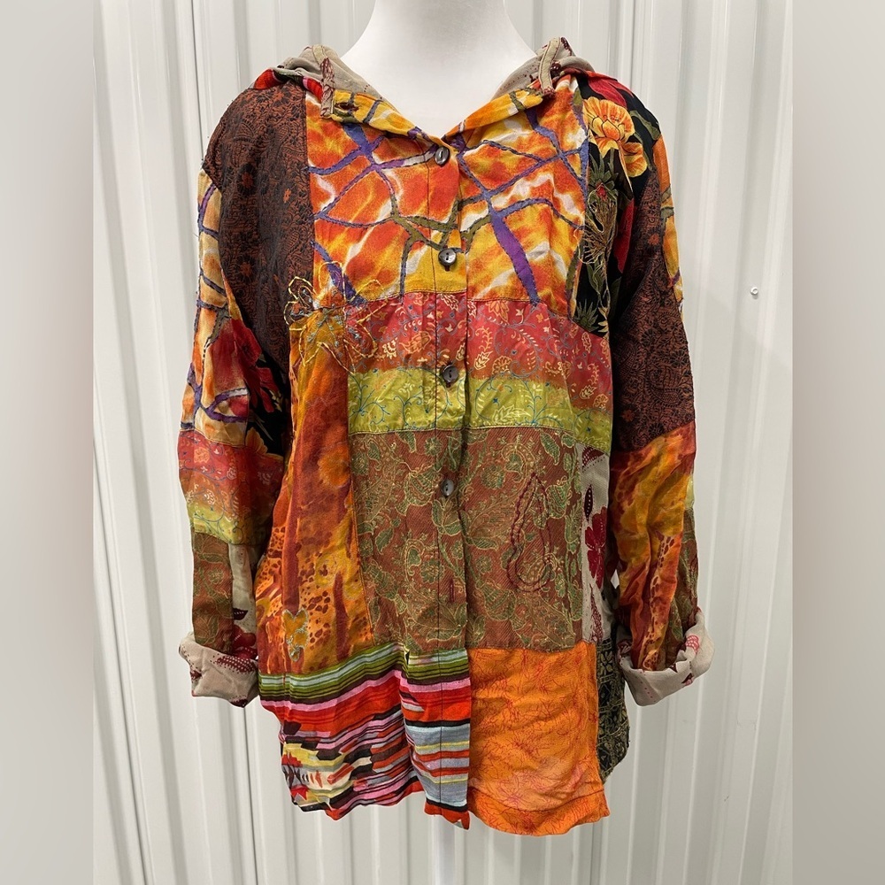 Chicos‎ Design VTG Patchwork Floral Hooded Shirt Jacket 2 Large Goblincore 90s